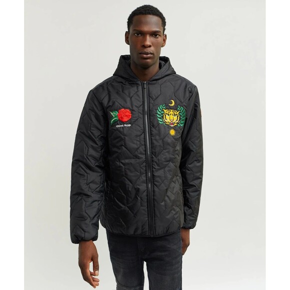 Reason Quilted Jacket Men’s XL Black Hooded Tiger Rose Patches - Picture 3 of 7